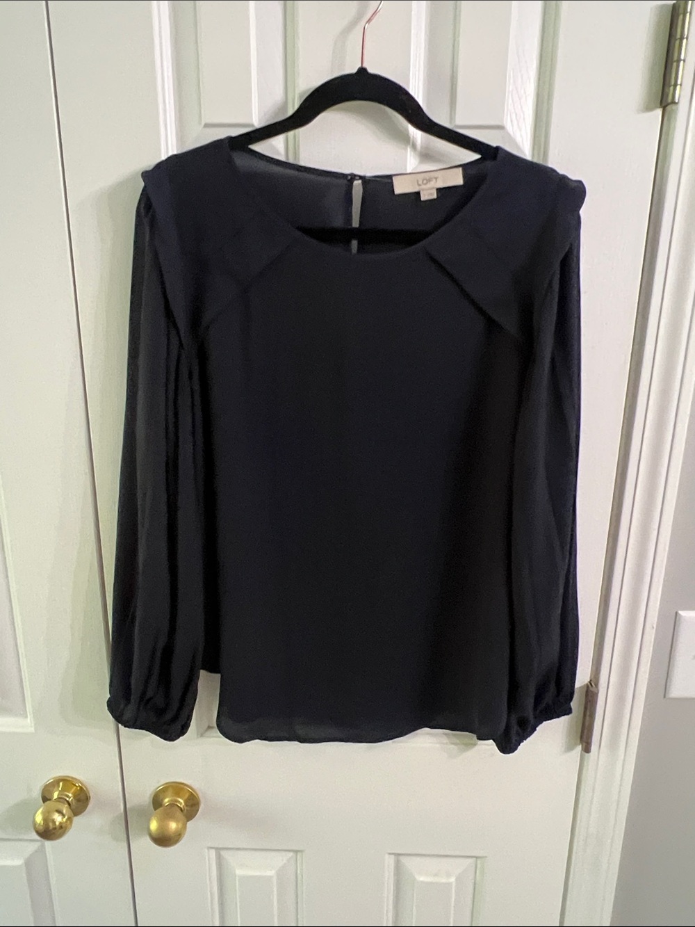 LOFT Navy Long-Sleeve Boatneck Top with Gathered Sleeves